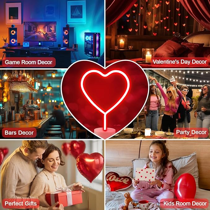 BRIGHTDECK 2 Pack Heart Neon Signs, LED Lights Battery Operated or USB Powered Decoration Lamp, Neon Lights Decor for Valentine's Day Gifts, Wedding, Party, Pink Room Decor (Red Heart)