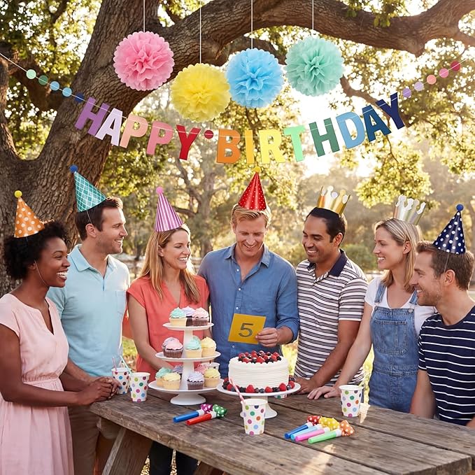 22PCS Birthday Party Hats Set Includes 1PC Happy Birthday Banner, 11PCS Cone Hats and 10PCS Party Blowers, Reusable Birth day Hat Set for Holiday Decorations, Photo Props, Birth Day Parties Supply