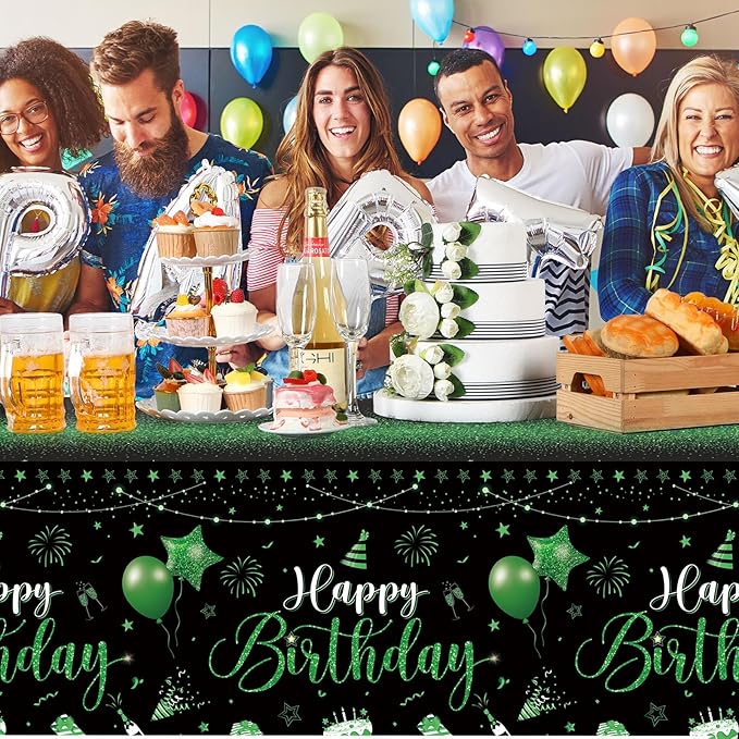 Tudomro 1 Pcs Happy Birthday Tablecloths Happy Birthday Party Decorations Plastic Table Cover Rectangular Cloths for Women Men Baby Shower Party Supplies, 108 x 54 Inch (Black Green)