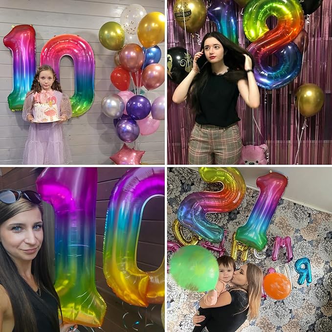 40 Inch Rainbow Number Balloon 0, Large Number Foil Mylar Balloons for Birthday Party Celebration Decorations Supplies, Digital Balloons for Wedding Anniversary Events Decorations