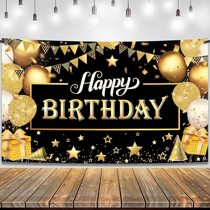 KatchOn, Happy Birthday Banner Black and Gold - Large 72x44 Inch | Happy Birthday Decorations for Men and Women | Black and Gold Birthday Backdrop | Birthday Party Decorations for Men & Women