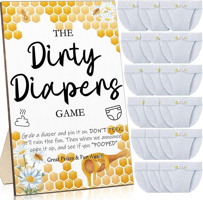 Roowest 51 Pcs Dirty Diaper Baby Shower Games Funny Wooden Sign with 50 Pcs Mini Diapers Cute Felt for Gender Reveal Party Baby Shower(Bee)