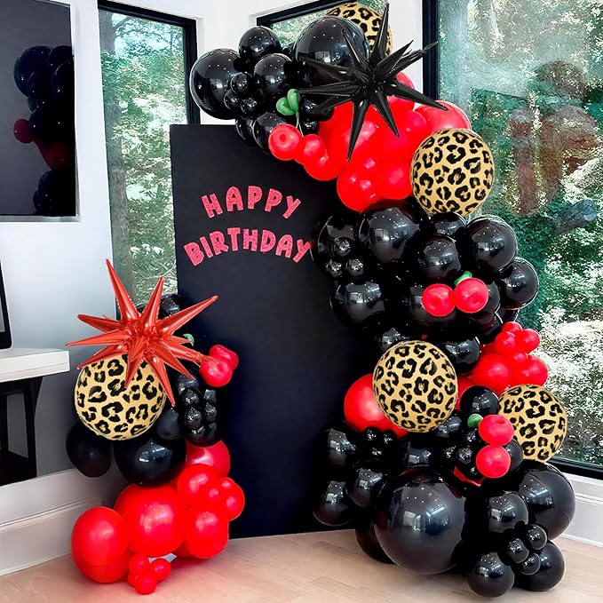 Red Black Balloons Garland Arch Kit, 133pcs Green Cherry Black Red Explosion Star Foil Balloons, 4D Cheetah Print Mylar Balloons for Berry Themed Birthday Baby Shower Bachelorette Party Decorations