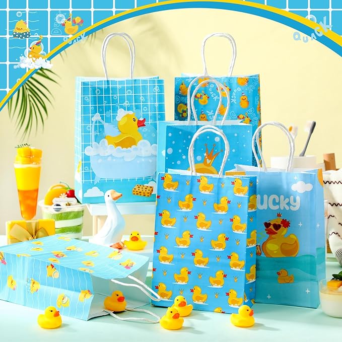 24pcs Yellow Duck Paper Bags with Handles Rubber Duckies Treat Gift Bags Candy Goodie Party Favor Tote Boxes for Baby Shower Birthday Duck Blue Party Supplies