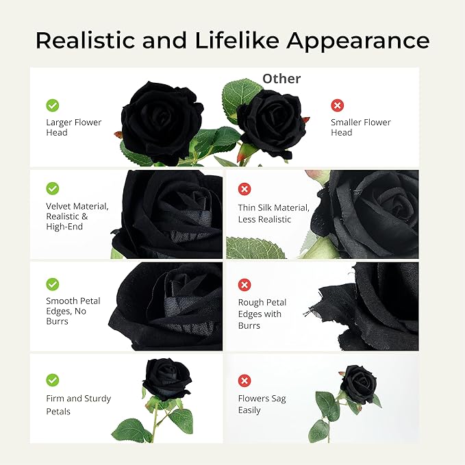 Auihiay 60PCS Black Fake Roses, Velvet Silk Artificial Roses, Realistic Roses Flowers for Photo Shoots, Wedding Centerpieces, Bridal Bouquets, Anniversary, Valentine's Day, New Year's Decorations