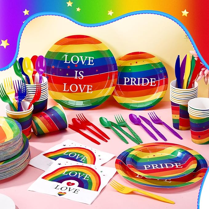 350 Pcs Disposable Gay Pride Month Party Tableware for 50 Guests Rainbow Paper Plates Love Napkins Cups Knives Forks Spoons for Gay Pride Party Lgbt Parade Festival Events Club Dance