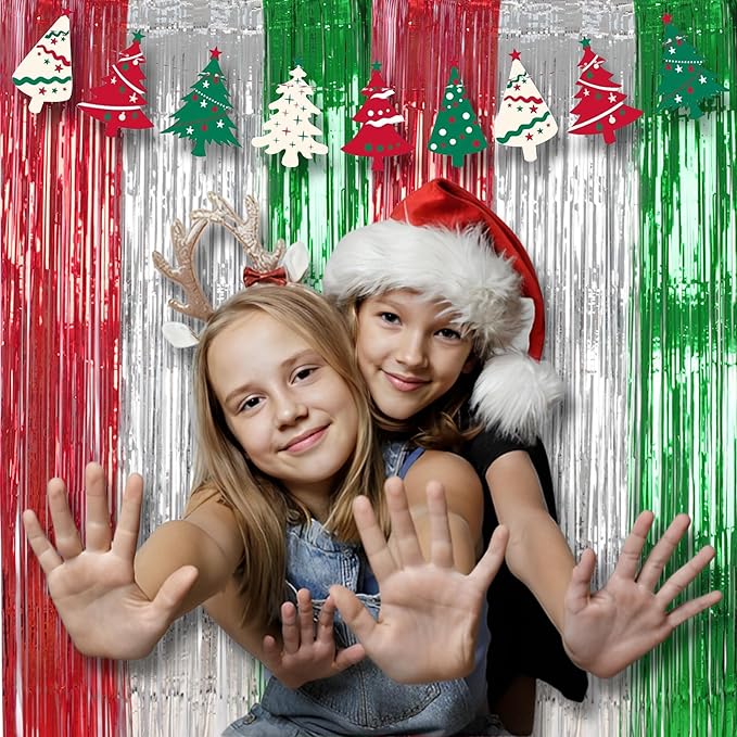 BRAVESHINE 2 Pack Fringe Backdrop Red Silver Green Christmas Party Decorations 3.2 x 6.6 ft Tinsel Foil Curtain Streamer for Valentines Day/Engagement/Bridal Shower/Birthday/Italian Party Decorations