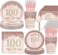 121Pcs 100th Birthday Party Supplies Plates Napkins Cups Forks Tablecloth Rose Gold Happy 100th Birthday Themed Disposable Tableware Decorations Serves 24 Guests for Women 100 Years