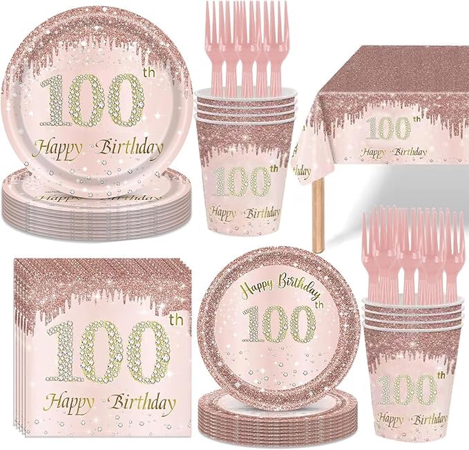 121Pcs 100th Birthday Party Supplies Plates Napkins Cups Forks Tablecloth Rose Gold Happy 100th Birthday Themed Disposable Tableware Decorations Serves 24 Guests for Women 100 Years