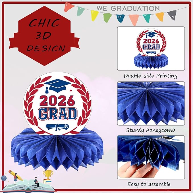 Yisong 9 Pieces 2026 Graduation Party Table Decorations Class of 2026 Congrats Graduation Centerpieces for Tables Congratulate Honeycomb Centerpiece Topper for Grad Party Supplies (Blue, Red)