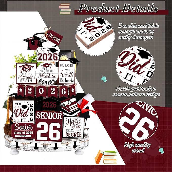 22 Pcs 2026 Graduation Tiered Tray Decor Sets Wooden Graduation Class of 2026 Table Decorations Senior 2026 Gown Diploma Farmhouse Signs for Home Shelf Party Office Desk(Dark Red)
