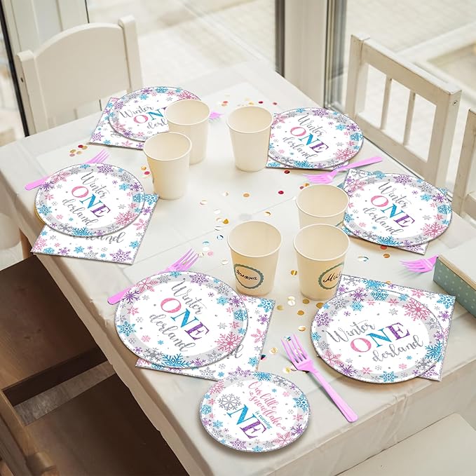 96pcs Winter Onederland Birthday Plates and Napkins Set, Pink and Silver Snowflake Winter Onederland 1st Birthday Party Supplies Decorations Snowflake for Baby Girls, Serves 24