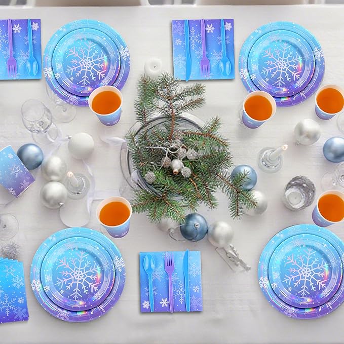 Kochorie 175 Pieces Frozen Iridescent Winter Snowflake birthday Party Supplies Frozen Disposable Party Tableware Set Paper Plates Napkins Cups for Christmas Winter Wonderland Decorations, Serve 25