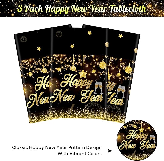 3 Pack New Years Tablecloths - Happy New Year Plastic Tablecloth Set, Black and Gold Disposable New Year's Table Cloth Cover Rectangle for 2026 New Years Eve Party Supplies Decorations, 108x54 Inch
