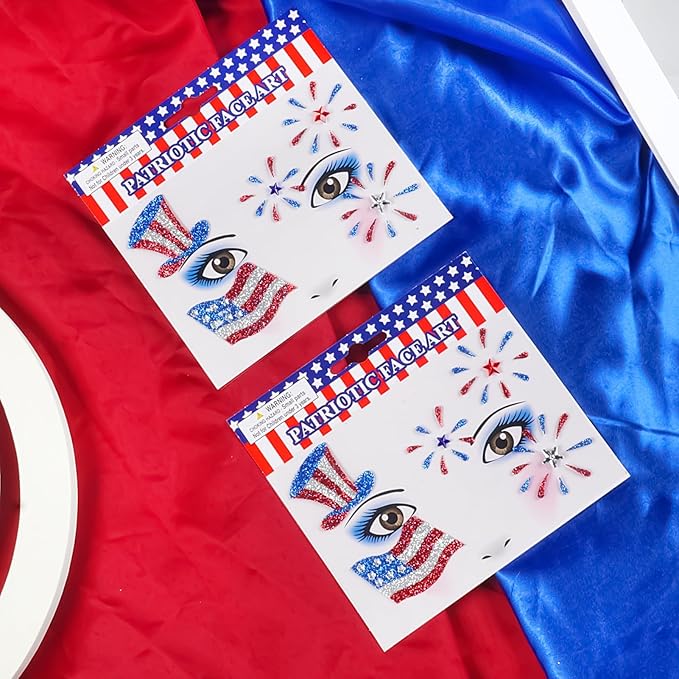 4th of July Face Gems, Fourth of July Celebration Face Jewels, Patriotic Tattoo with USA Flag Stars Designs, Sparkle Glitter Red Blue Silver for Independence Day, Parades, Parties 2 Sheets (style2)