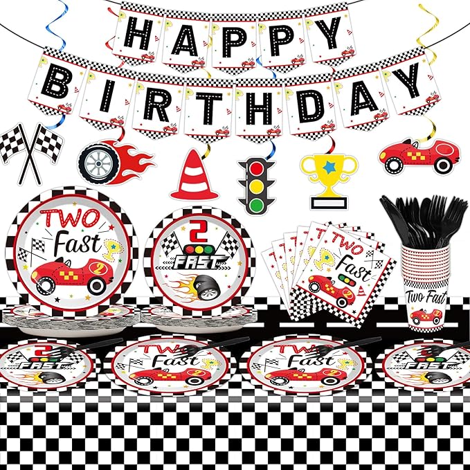 184pcs Two Fast Birthday Party Supplies Set Includes Racing Car Plates Napkins Tablecloth Swirl Banner Tableware Kit Dispose 2nd Birthday Table Decorations Favors, Serve 25