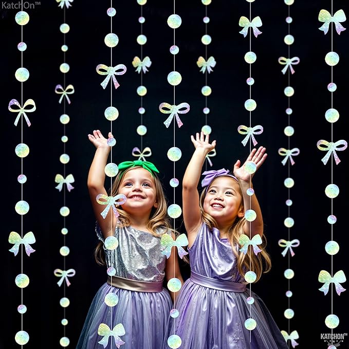 Katchon, Iridescent Bows Garland - Pack of 9 Strings, 5 Feet | Bow Garland, Bachelorette Party Decorations | Bridal Shower Backdrop, Bridal Shower Decorations | Wedding Decor for Bow Party Decorations
