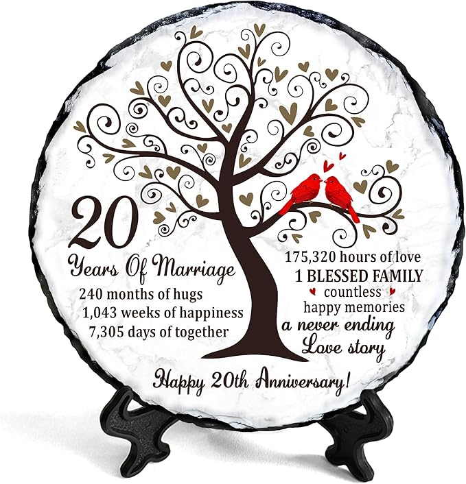 China Anniversary Slate Plate – 20th Anniversary Wedding Gifts for Couples, Husband, Wife or Parents – Elegant Slate Keepsake to Celebrate 20 Years of Marriage
