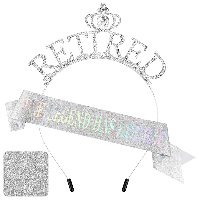 Retirement Gift for Woman - Silver Sash and Crown Headband Party Decorations - The Legend Has Retired - Elegant Cute Rhinestone Headband