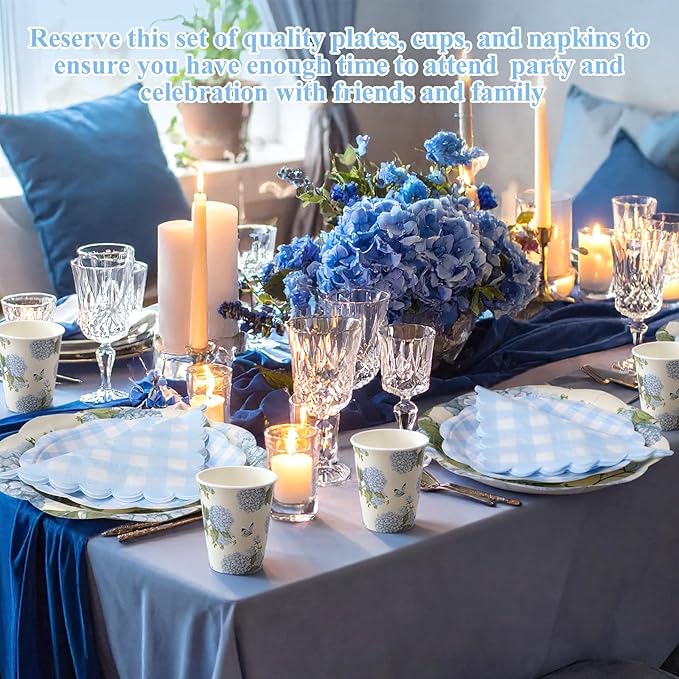 Pickmesh 250 Pcs Blue Hydrangea Party Supplies Blue Floral Gingham Checkered Paper Plates Napkins and Cups Hydrangea Disposable Tableware Set for Summer Wedding Birthday Tea Party Decorations Serve 50