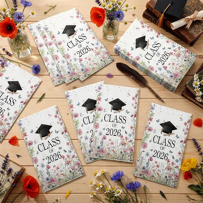 Eaasty 100 Pcs Wildflower Graduation Decorations Class of 2026 Napkins Floral Butterfly Disposable Decorative Cocktail Paper Napkins Graduation Party Supplies for 2026 Freshly Graduated Decorations