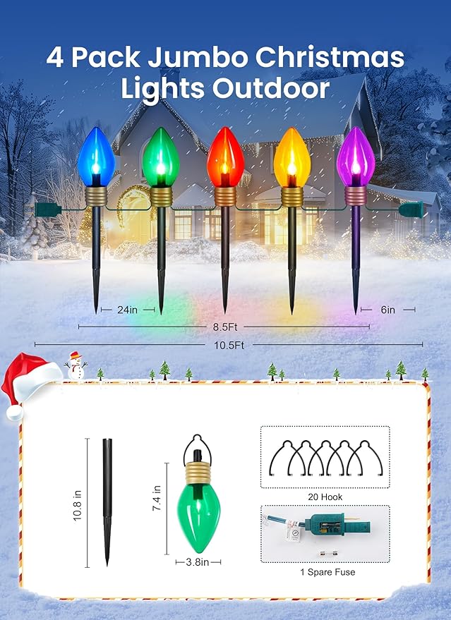 Minetom Jumbo Christmas Lights, C9 Outdoor Pathway Marker Stakes Lights, 4 Pack 10.5 Feet 5 LED String Lights Covered Jumbo Multicolored Light Bulb for Holiday Outside Yard Garden Walkway Decor
