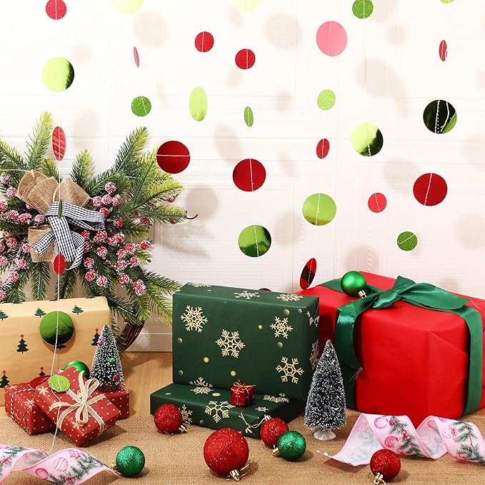 Syhood 10 Pcs Party Decorations Paper Dot Circle Garlands Glitter Streamers Hanging Banner Decor for New Year Baby Shower Wedding Birthday Backdrop Supplies (Red and Green)