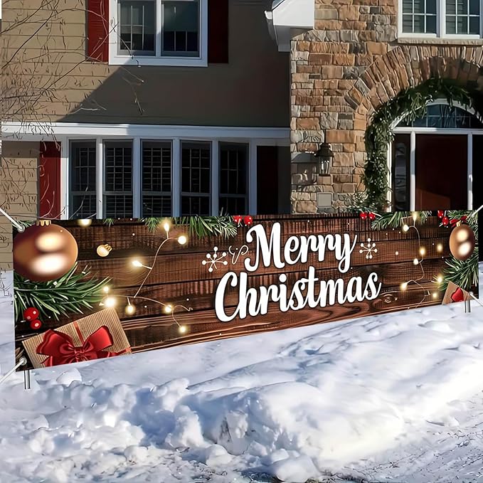 Outdoor Merry Christmas Hanging Banner 78.7x17.7 Inches Christmas House Fence Banner Decoration Holiday Party Supplies Vintage Xmas House Garaged Indoor Outside Christmas Party