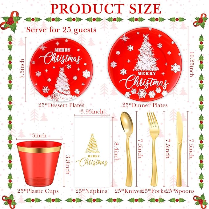 Maxcheck 175 Pcs Christmas Plastic Dinnerware Merry Christmas Plate Set 25 Dinner Plate 25 Dessert Plate 25 Napkin 25 Fork 25 Knives 25 Spoon 25 Cup for Xmas Holiday Party Supplies Serve for 25