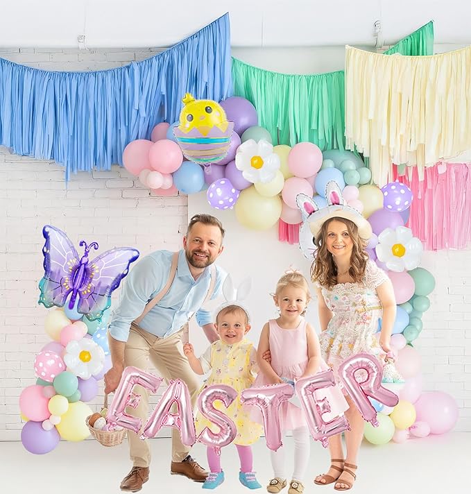 Easter balloon garland arch kit pastel balloons with Easter egg chicken daisy bunny Butterfly Pastel pink letter foil balloons for spring big resurrection day baby shower party decorations