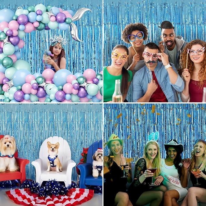 Blue Streamers Party Decorations 3.3x8.2ft 2 Pack Light Blue Tinsel Foil Fringe Curtain Backdrop Ocean Themed Party Decor Photo Booth Props for Birthday Baby Shower Bachelorette Door Hanging Wedding