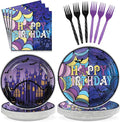 Grencian 96Pcs Purple and Black Birthday Party Decoration Gothic Spider Web Plates and Napkins Purple Black Theme Disposable Paper Tableware Set for Kids Boys Girls Birthday Party Supplies Serves 24