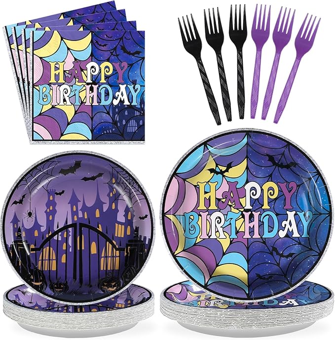 Grencian 96Pcs Purple and Black Birthday Party Decoration Gothic Spider Web Plates and Napkins Purple Black Theme Disposable Paper Tableware Set for Kids Boys Girls Birthday Party Supplies Serves 24