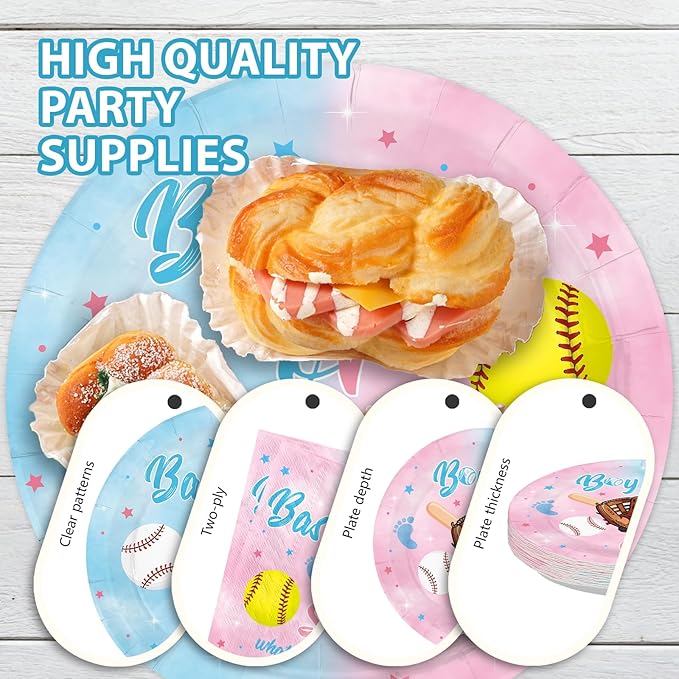96Pcs Baseball or Softball Party Decoration Baseball Gender Reveal Plates and Napkins Pink Blue Sports Theme Disposable Tableware Set for He or She Baby Shower Party Supplies Serves 24
