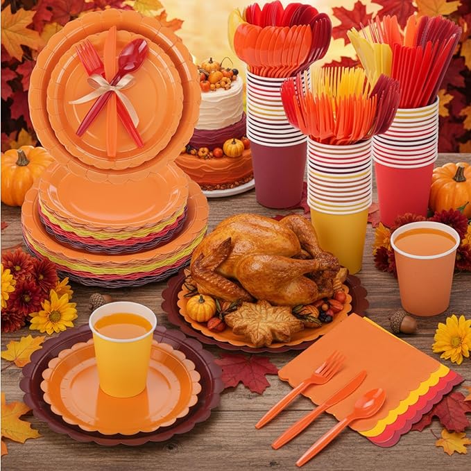350 Pcs Fall Thanksgiving Plates and Napkins, 50 Guest Autumn Party Supplies Include Scalloped Paper Plates Napkins Cups Plastic Spoons Forks Knives Disposable Tableware Set for Harvest Party