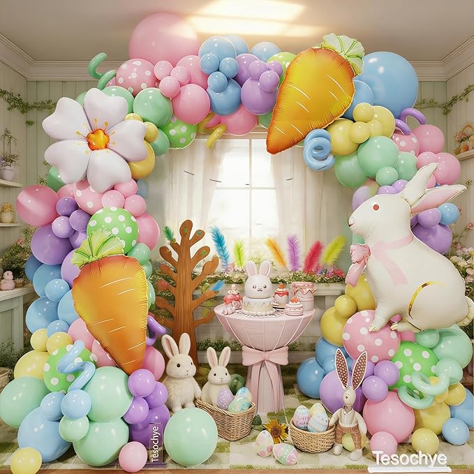 Easter Balloon Garlan Arch Kit with Bunny, Carrot, Daisy Foil Balloons,Pastel Balloon Garland Kit,Dot Printed Balloons for Easter Party Decorations Spring Birthday Decorations