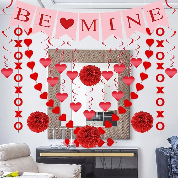 21Pcs Valentines Day Decorations Valentines Day Decor Pre-Assembled Hanging Heart Swirls BE Mine Love Heart XO Garlands Banner for Home Classroom Office Wedding Party