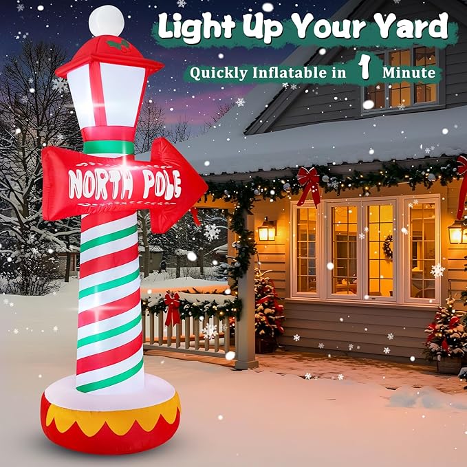 FunFanso 6 FT Christmas Inflatables North Pole Road Sign Outdoor Decoration, Blow Up Street Lamp with Built-in LED Lights, Santa Claus Arctic Road Sign for Holiday Display Lawn Garden Yard Xmas Decor