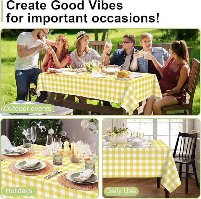 QIKSION Yellow Gingham Tablecloth Disposable 12 Pack, 54 x 108 Inch Yellow and White Checkered Table Cloth for Easter Decorations, Birthday Party Supplies, Rectangle, Plastic Table Cover
