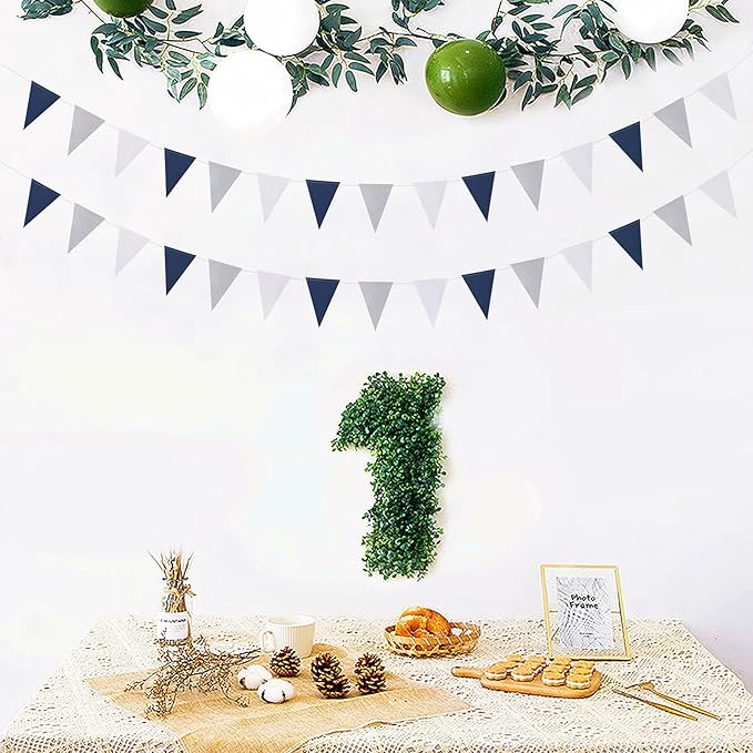 Navy-Blue White-Silver Party Decorations Banner - 2 Pack Men Birthday Graduation 2024 Glitter Sprinkles Paper Pennant Triangle Flags, Fathers Day Wedding Baby bridal Shower Bunting Lasting Surprise