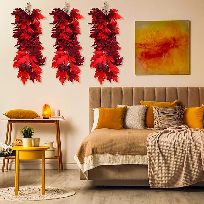 Halloween Garland Decor Indoor Table Decorations Fall Wall Hanging Artificial Black Maple Leaf Vine Decorations for Home (2 Pcs Red, Set)