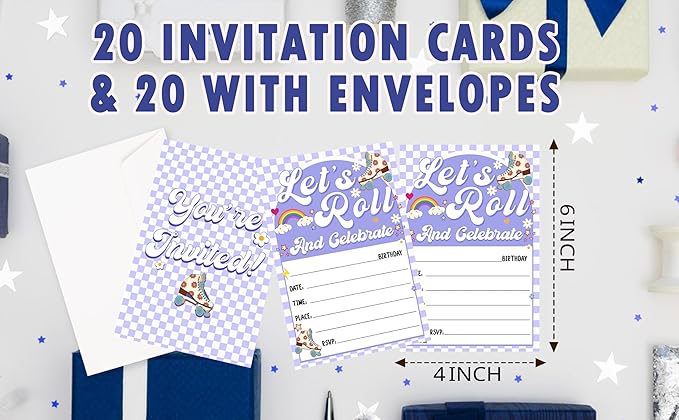 CLIRBE Let's Roll Birthday Party Invitations, Purple Birthday Invitations For Brother Bro Teen Boys Girls, 20 Invites Cards With 20 Envelopes, Party Supplies Favors -H08