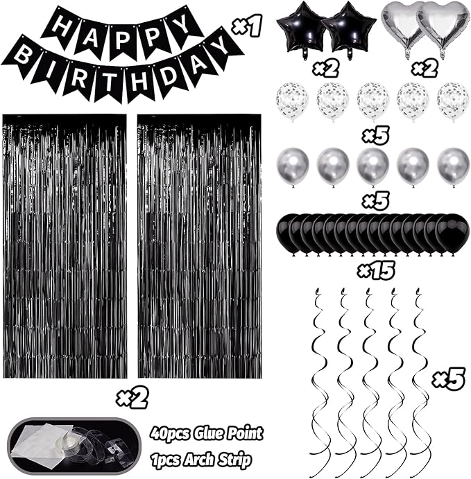 Black White Birthday Decorations, Bday Party Supplies for Women Men with Happy Birthday Banner, Confetti Balloons, Fringe Curtain, Heart Star Foil Balloons, Hanging Swirls