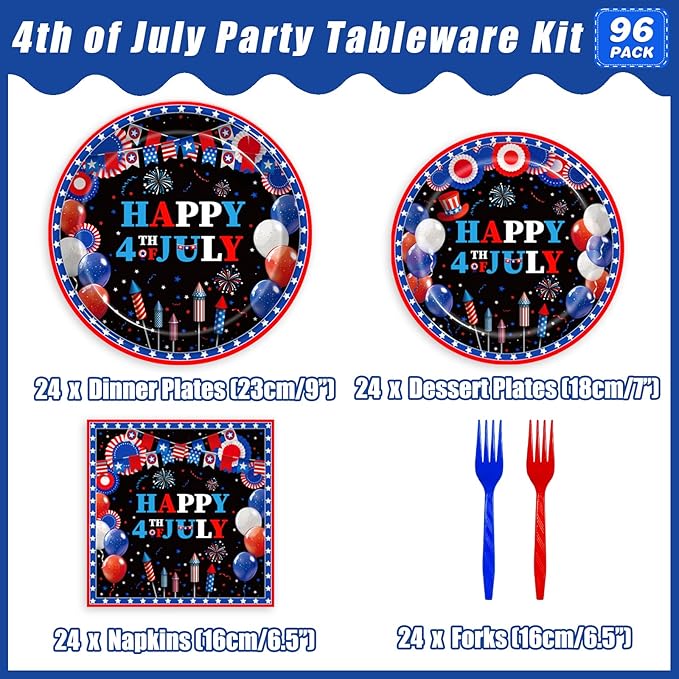 96 Pcs 4th of July Patriotic Party Plates, Independence Day Party Decorations Supplies Fourth of July American Flag Memorial Veterans Day Tableware Disposable Dinnerware Set, Serves 24