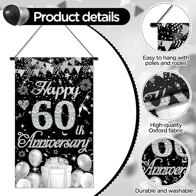 60th Anniversary Decorations Small Banner Black Silver Happy 60th Anniversary Door Hanging Banner Porch Front Door Decor for Women Men 60 Years Diamond Wedding Anniversaries Cruise Door Sign Supplies