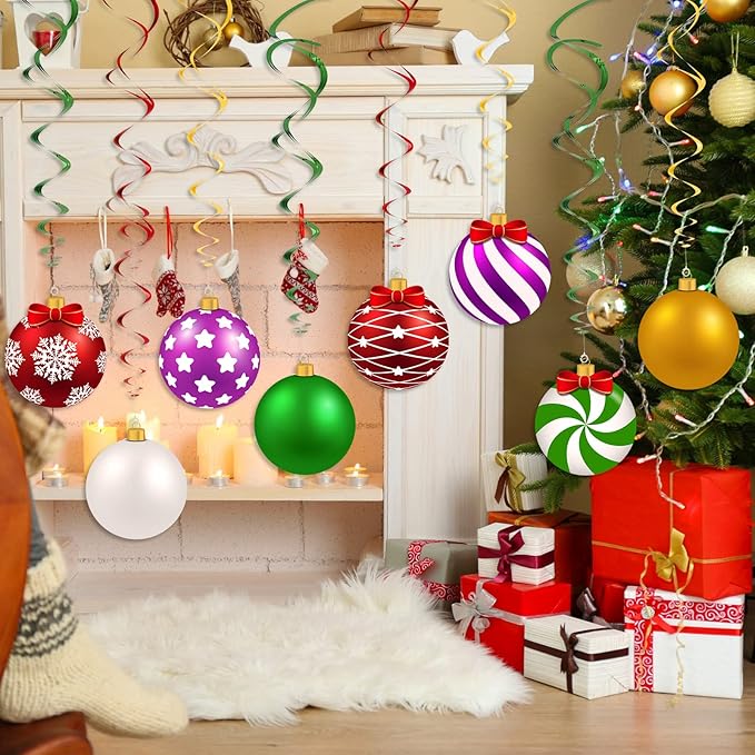 Skylety 36 Pcs Christmas Hanging Foil Swirl Decorations Party Ceiling Foil Swirl Decorations Christmas Ball Sign Snowflake for Ceiling Indoor Outdoor Holiday Party Supplies(Cute Style)