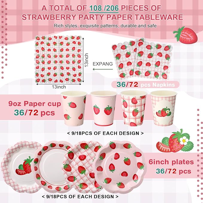 Yungyan 108 Pcs 36 Guest Strawberry Party Paper Plates and Napkins Strawberry Decoration Disposable 6" Scalloped Dessert Plates 9 oz Cup Tableware Set for Baby Shower Berry First Birthday Supplies