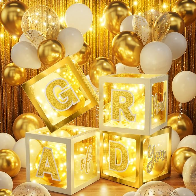Graduation Party Decorations Class of 2026, 86PCS White & Gold Graduation Party Supplies High School College Grad Balloon Boxes with Letter, Foil Curtain, LED String Light, Balloon Garland Kit