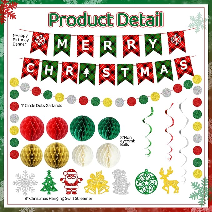Christmas Party Decorations, Xmas Party Supplies, Merry Christmas Banner, Honeycomb Balls, Xmas Theme Hanging Swirls, Circle Dots Garland, for Outdoor Indoor Home Mantle Fireplace Decor