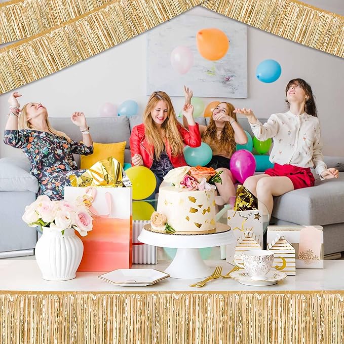 3 Pack 10 Ft Champagne Gold Foil Fringe Garland Metallic Streamers Tinsel Banner Wall Hanging Garland Backdrop for Parade Floats, Halloween, Christmas, Thanksgiving, New Year Party Decorations